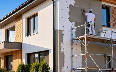 Fasader nanaša lepilo na toplotno izolacijo hiše